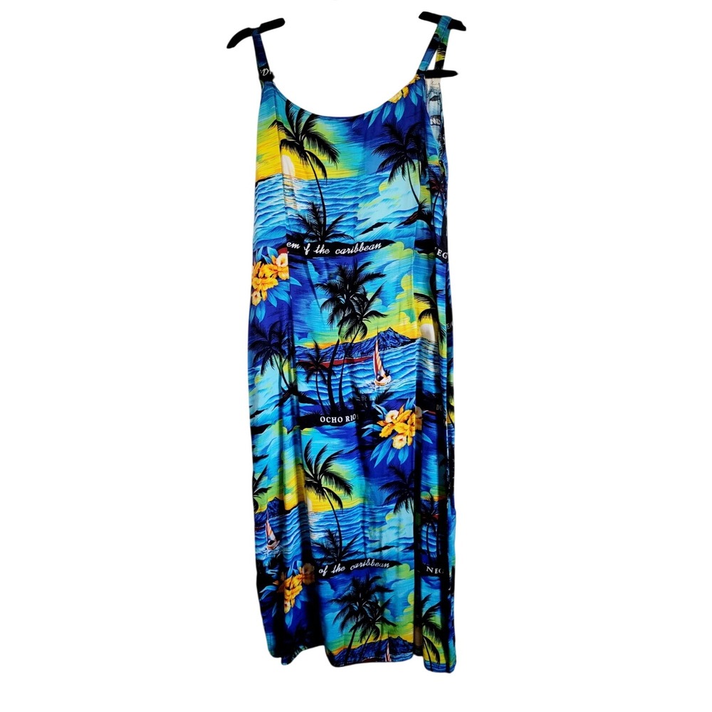 Vintage J. Perkins Jamaica L Tropical Midi Dress Blue Yellow Cotton 80s 90s View 3